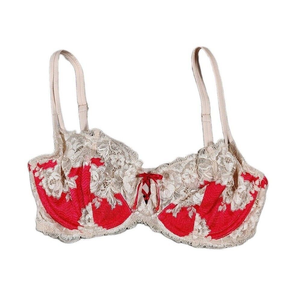 Victoria's Secret 34D Unlined Demi Bra Coral Lace Coquette Bow Underwire